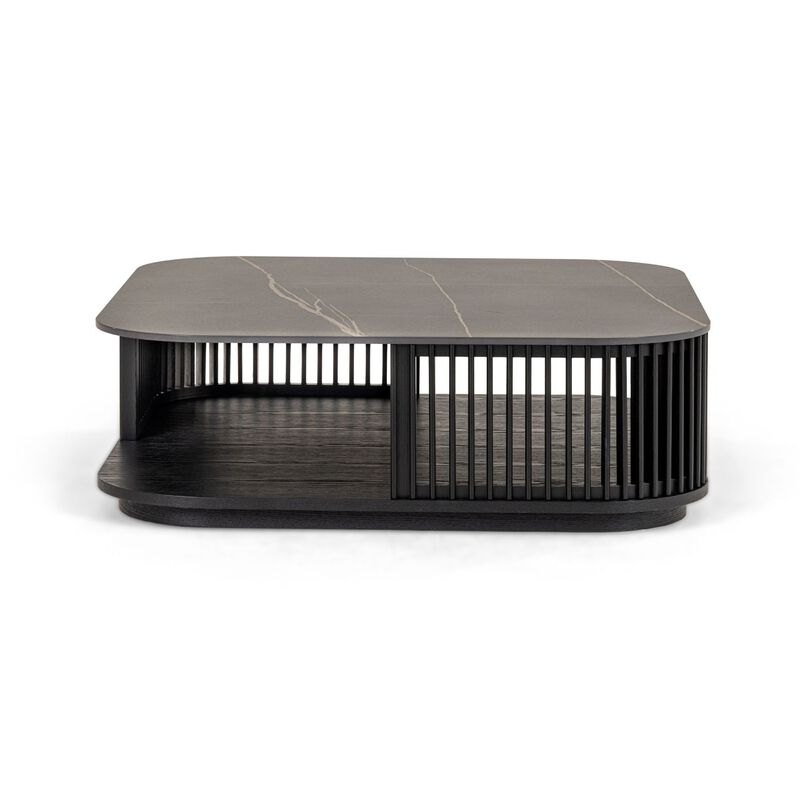 Cid Cia Coffee Table, 39 Inch Black Ceramic, Solid Wood Frame - Benzara