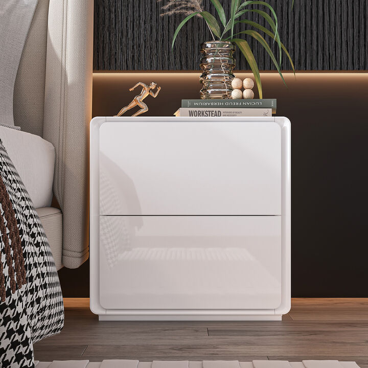 FUFU&GAGA LED Nightstand with 2 Drawers and USB Charging Port, High Gloss MDF Construction, Modern Design (19.6" W x 20" H x 15.7" D),White