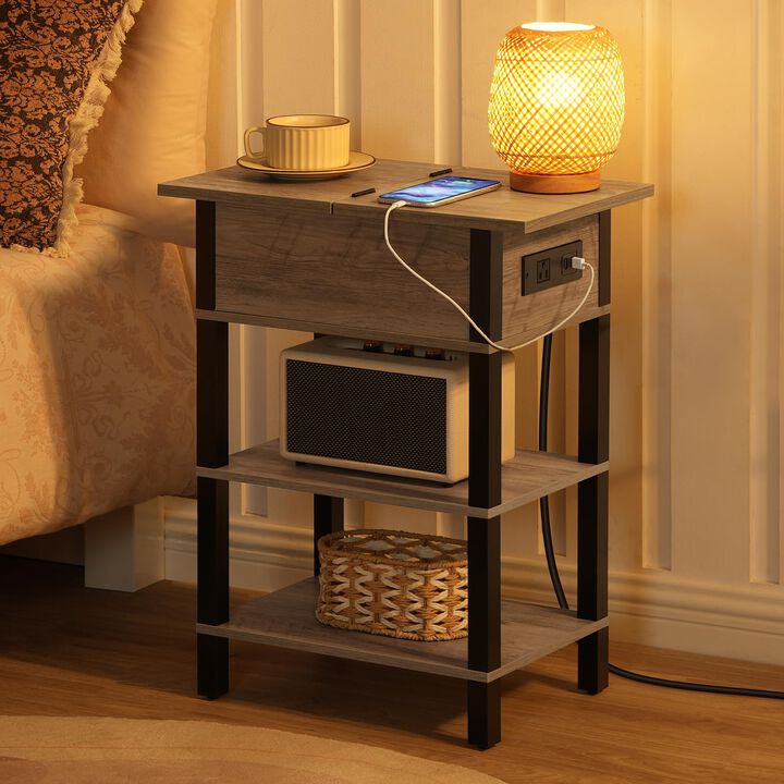 HOOBRO End Table with Charging Station, Flip Top Side Table with USB Ports, Narrow Nightstand Bedside Tables with Storage Shelve