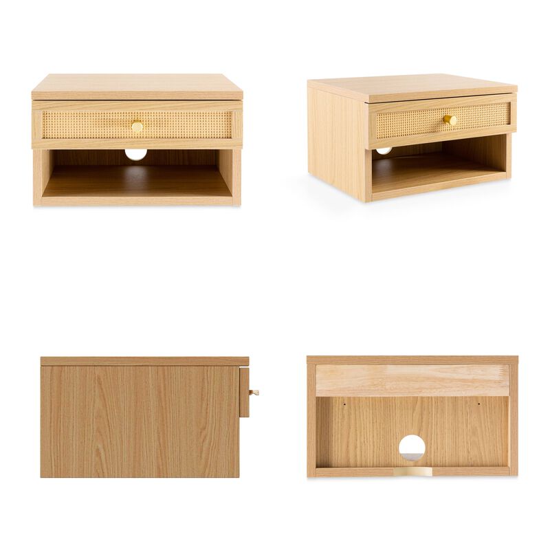 Celerie Mid-Century Modern Floating Wall Mounted Nightstand with Soft-Close Rattan Drawer and Cable Hole