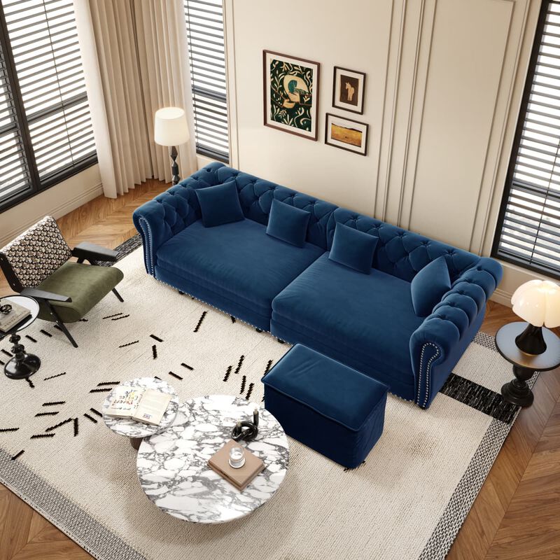 3-in-1 Pull-Out Sleeper Sofa, Velvet Chesterfield Sofa with Rolled Arms and Tufting, 89 Inch Convertible Sofa Bed with Ottoman image number 4