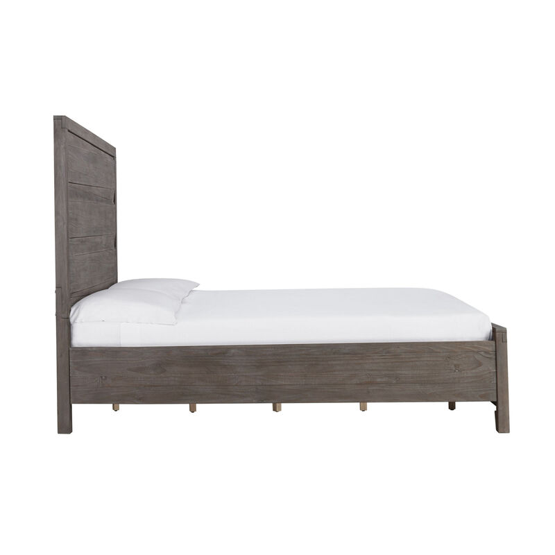 Vero Queen Size Bed, Roughhewn Washed Brown Wood, Asymmetric Panel Design - Benzara