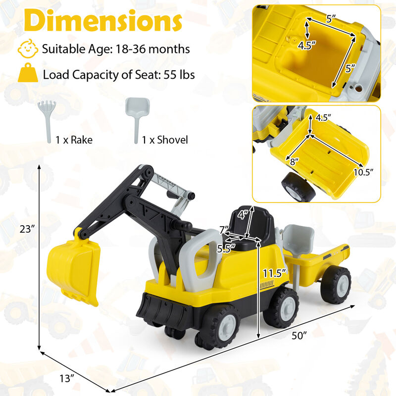 Kids Electric Ride On Tractor with Excavator Digging Arm and Detachable Trailer Toy image number 2