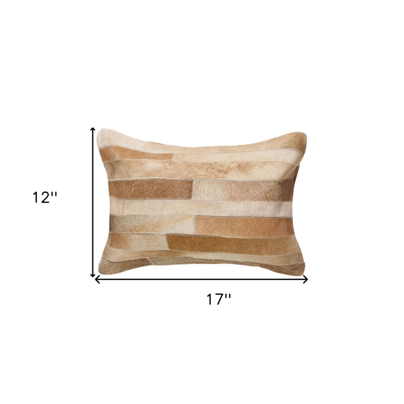 HomeRoots 12" X 20" Tan Lumbar Patchwork Cowhide Throw Pillow image number 3