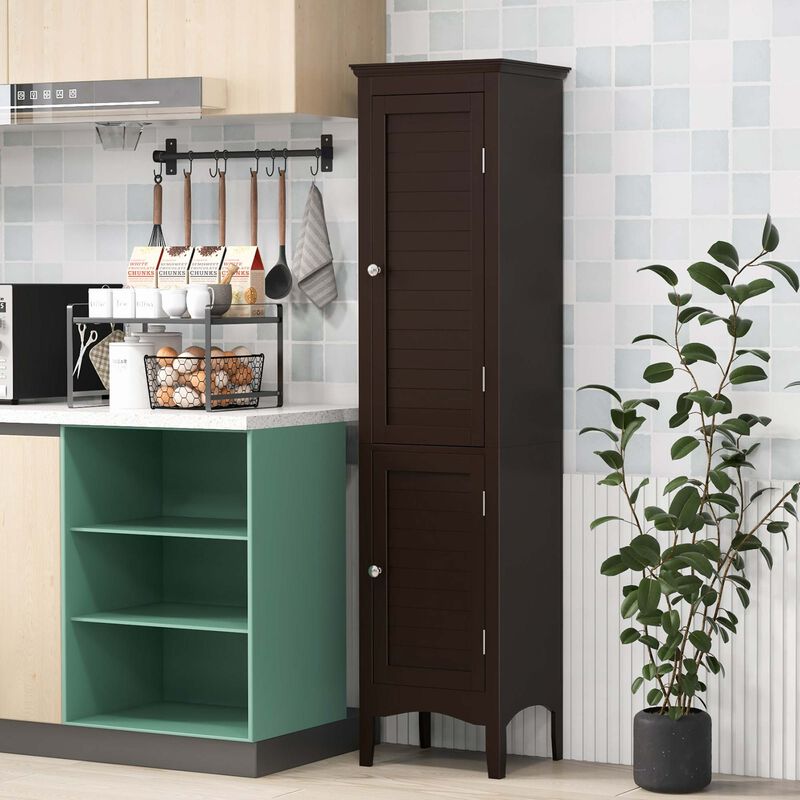 Costway Tall Bathroom Floor Cabinet Narrow Linen Tower with 2 Doors & Adjustable Shelf Grey