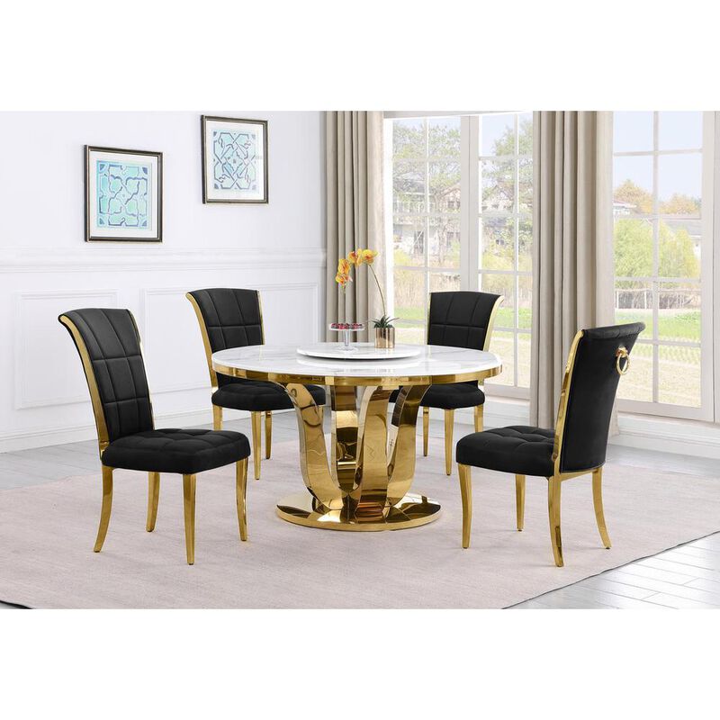 5pc White marble round dining set with gold base and 4 Black side chairs image number 1