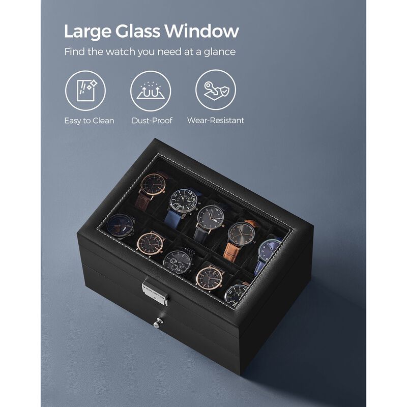 20-Slot Watch Storage Box with Glass Display Lid and Secure Lock