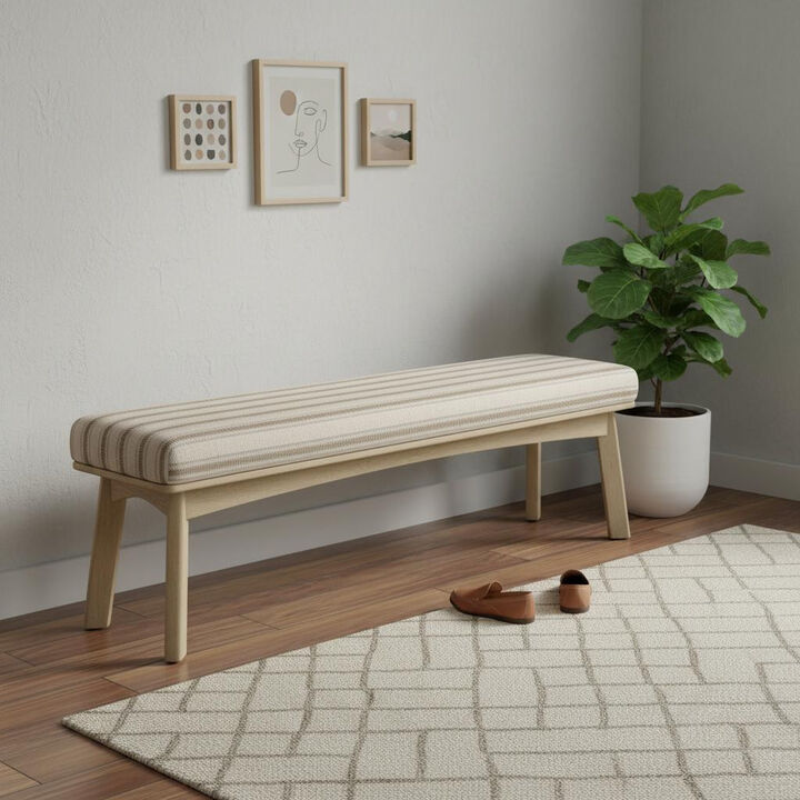 HomeRoots 62" Beige Cream and Brown Striped Cotton Blend and Solid Wood Upholstered Bench