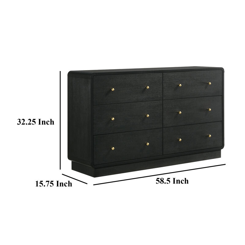 Cavy Wide Dresser, 6 Storage Drawers, Black Wood, Round Gold Knobs - Benzara