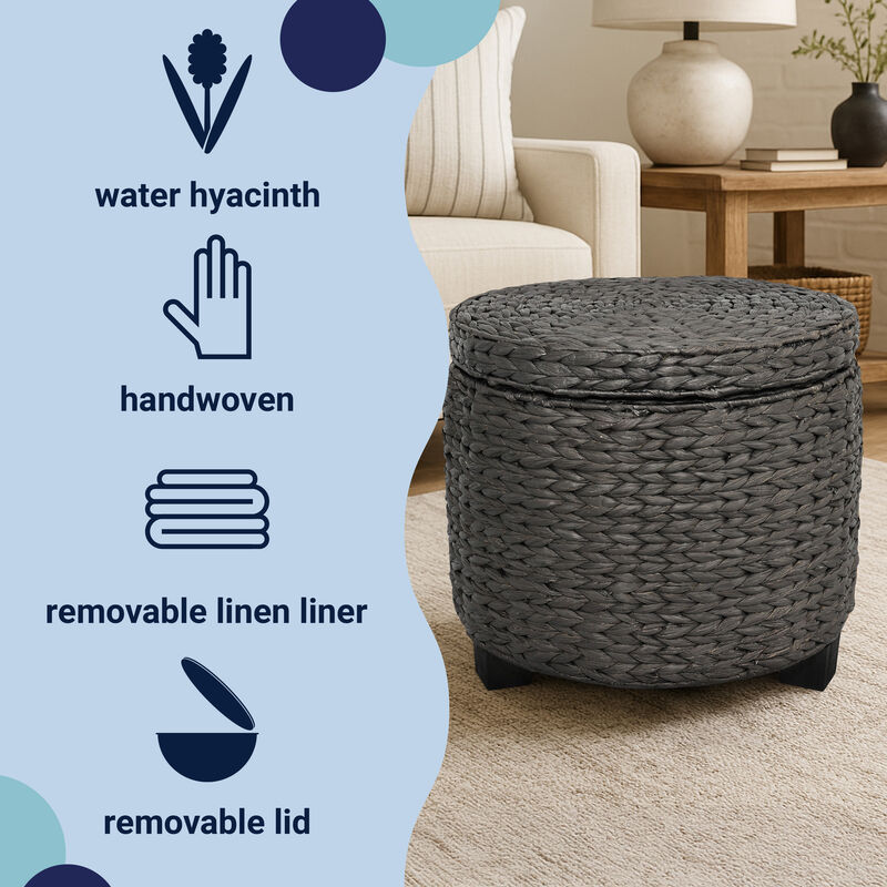 Addie 17.72" Modern Coastal Handwoven Water Hyacinth Storage Ottoman with Lid