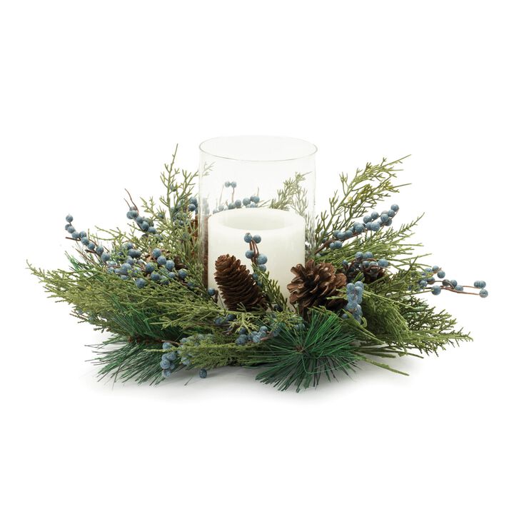 Mixed Pine and Juniper Candle Holder for Holiday Tabletop, Mantel, or Centerpiece Display