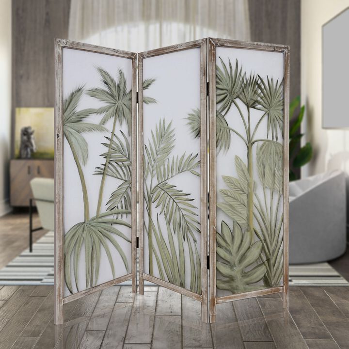 63 Inch 3 Panel Screen Room Divider, Painted Leaves, Wood Frame