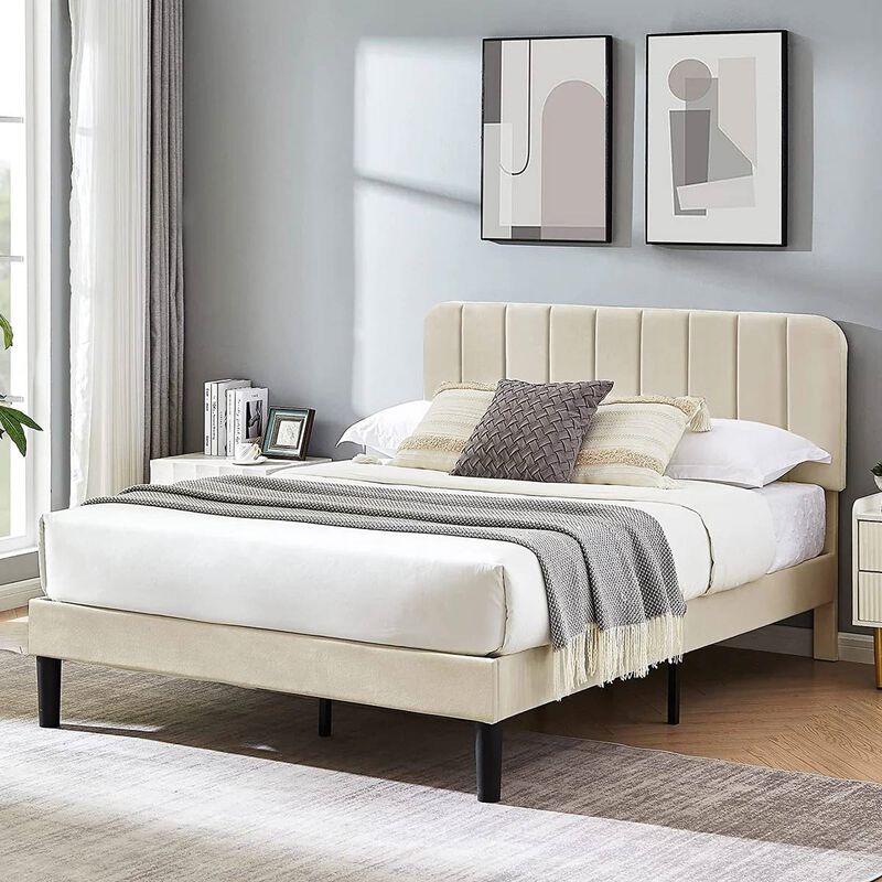 Elegant Upholstered Platform Bed Frame with Soft Headboard for Bedroom