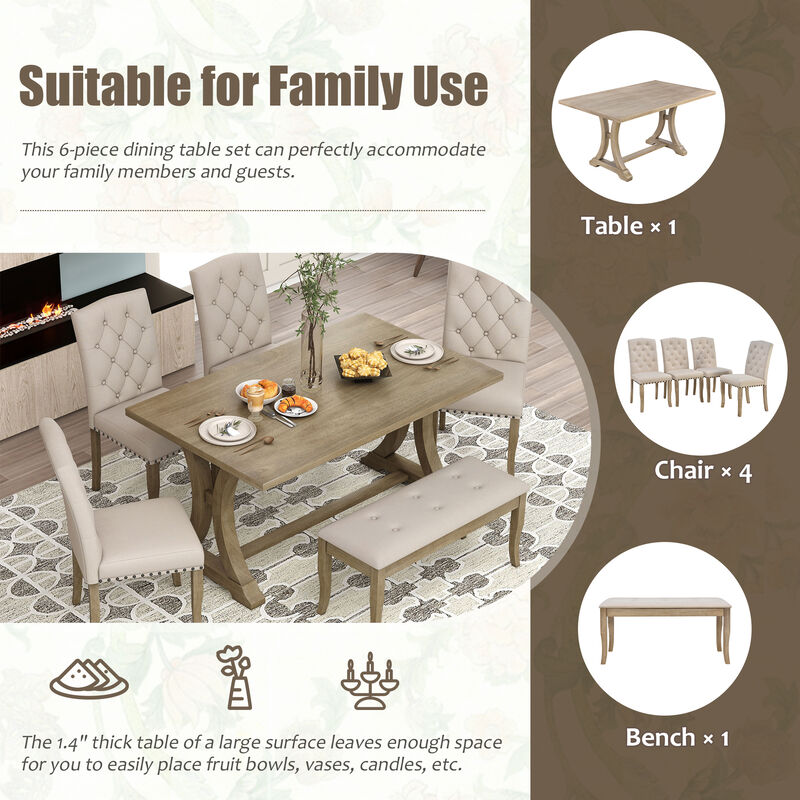 Whisen 6-Piece Farmhouse Dining Table Set with 4 Upholstered Chairs and Bench for Dining Room image number 6
