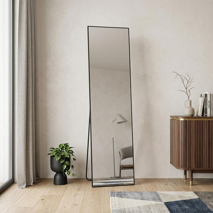 HomeRoots 64" Black Aluminum Freestanding And Wall Mounted Framed Full Length Mirror
