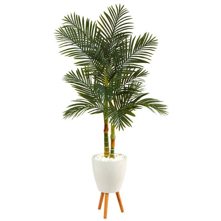 Nearly Natural 70-in Golden Cane Palm Tree in White Planter with Stand