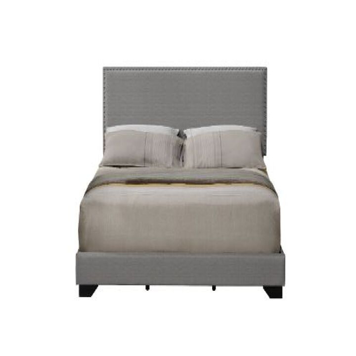 Queen Size Bed with Fabric Upholstery and Nailhead Accent, Gray - Benzara