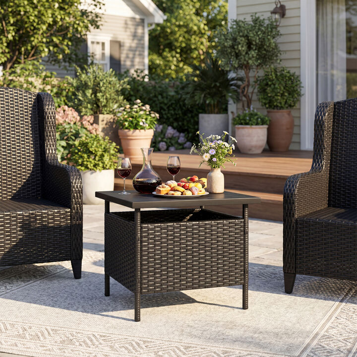 Patio Square Wicker Side Table with Umbrella Hole for Yard