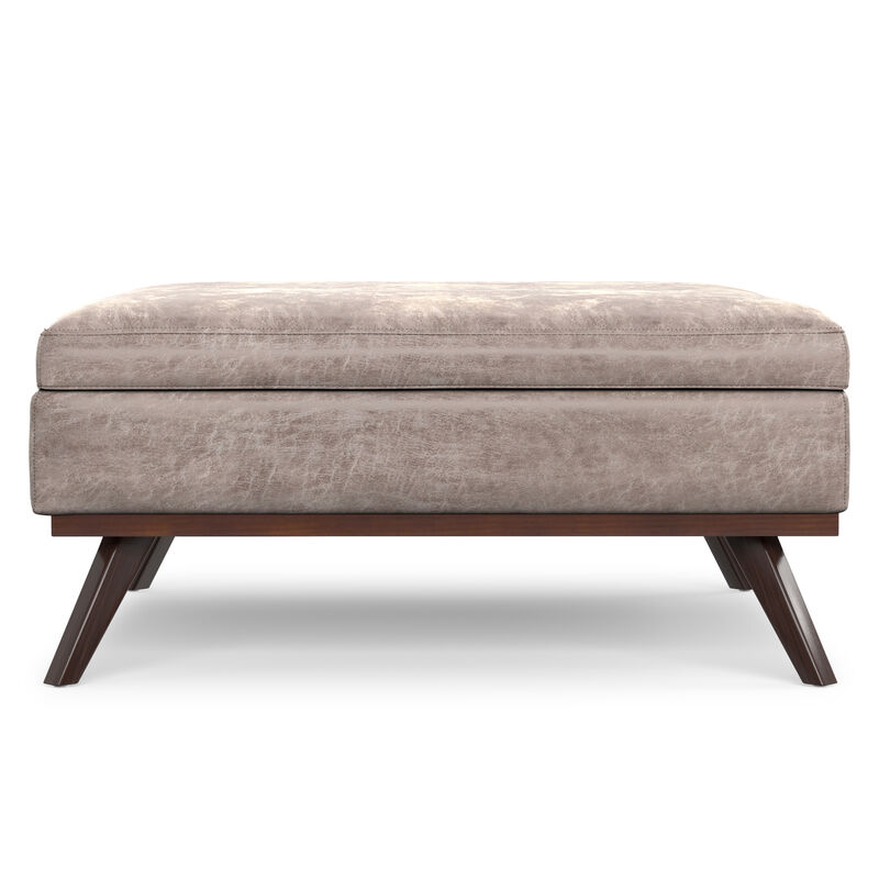 Owen 40 inch Wide Mid Century Modern Square XL Coffee Table Storage Ottoman in Distressed Grey Taupe Vegan Faux Leather, Assembled image number 2