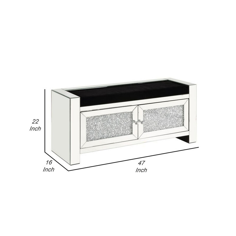 Mirrored Bench with Faux Diamonds and 2 Cabinets, Silver-Benzara image number 5