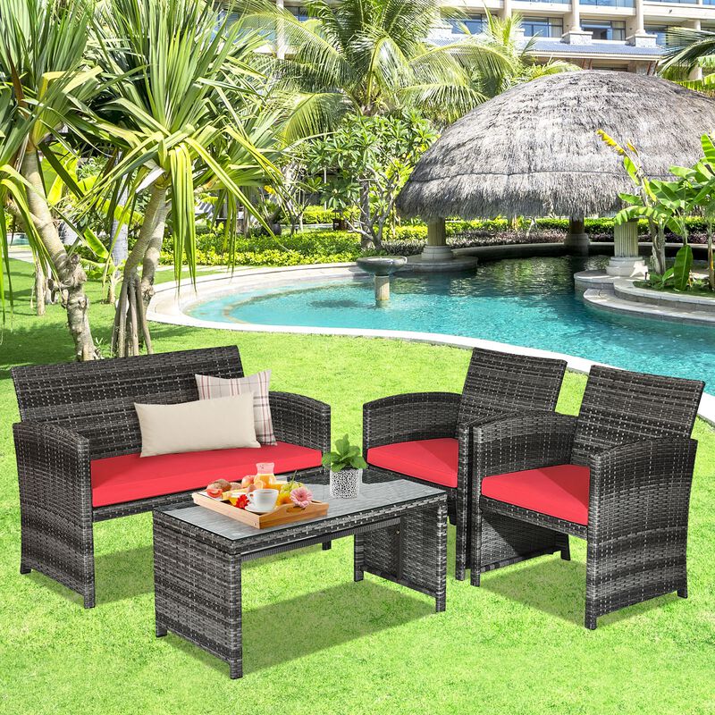4 Pcs Patio Rattan Furniture Set Top Sofa With Glass Table