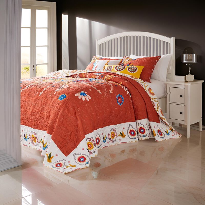 Xan 3pc King Bedspread and Pillow Sham Set, Bouquet Print, Multicolor - Benzara