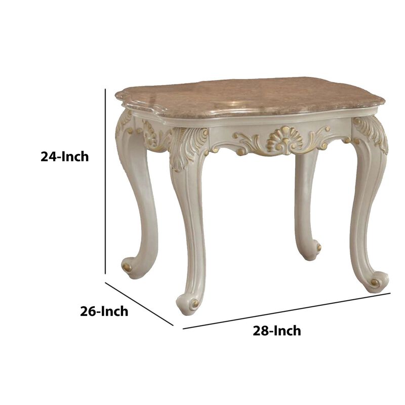 Wooden End Table With Marble Top, Pearl White-Benzara