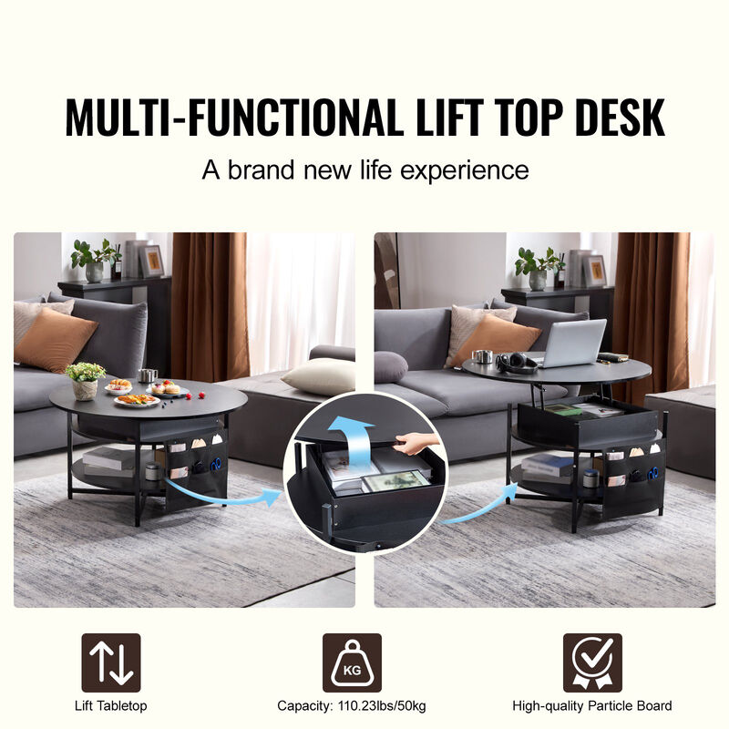 Coffee Table with Lift-Top, Storage Drawers and Open Shelf for Living Room