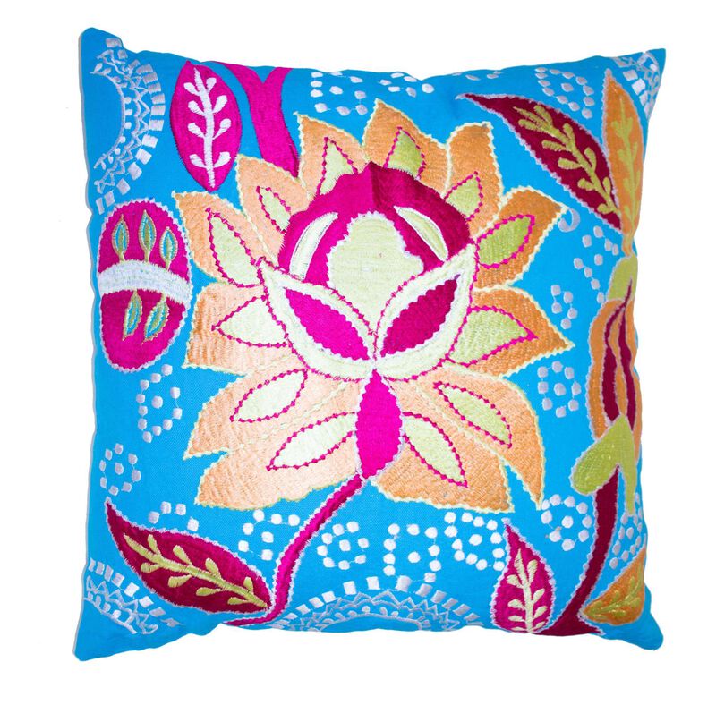 HomeRoots Set of Two 16" Blue And Pink Floral Cotton Throw Pillows with Embroidery image number 2