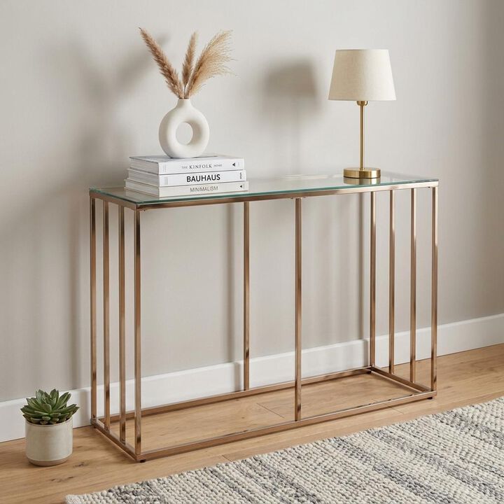 HomeRoots 42" Clear and Gold Glass and Metal Frame Console Table