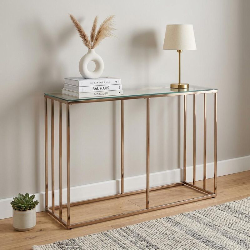 HomeRoots 42" Clear and Gold Glass and Metal Frame Console Table image number 1