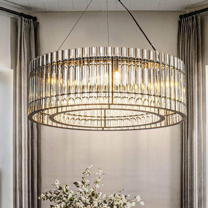 6-Light Modern Luxury Matte Black 2-Tier Round Chandelier With Glass Rods