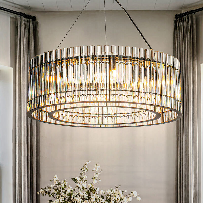 6-Light Modern Luxury Matte Black 2-Tier Round Chandelier With Glass Rods image number 1