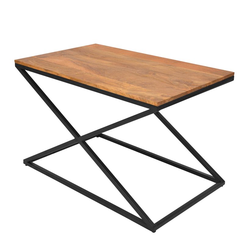 35 Inch Wooden Rectangle Coffee Table with X Shape Metal Frame, Brown and Black-Benzara