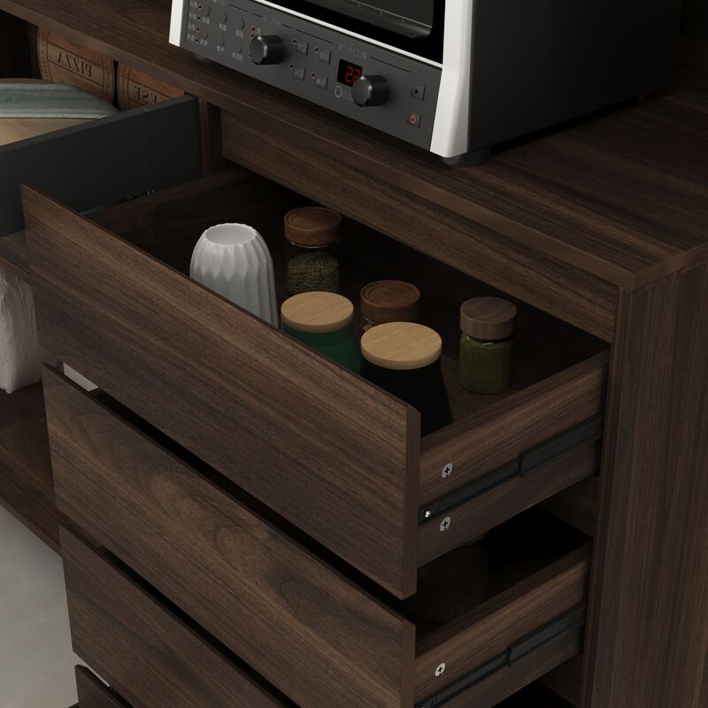 63 in. L Brown Wood Buffet Sideboard Pantry Cabinet with 4-Drawers, Hooks, Open Shelves, Doors for Kitchen Dining Room