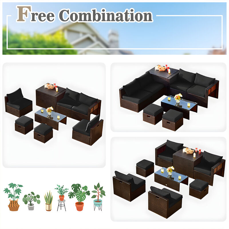 8-Piece Patio Rattan Furniture Set with Storage Box and Waterproof Cover, Outdoor Set