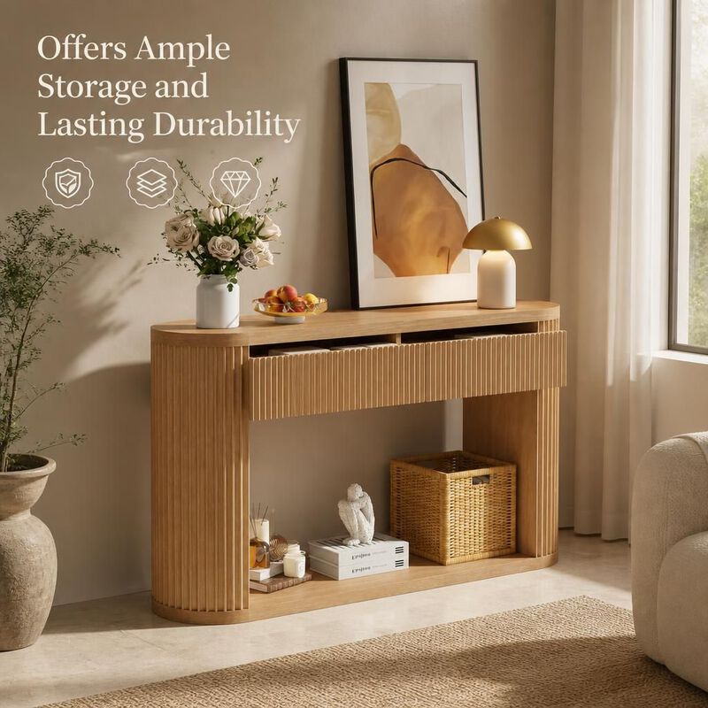GOODSILO Oval Fluted Console Table with 2 Drawers & Bottom Shelf, Wood Entryway Table with Metal Slides for Living Room Entryway image number 4