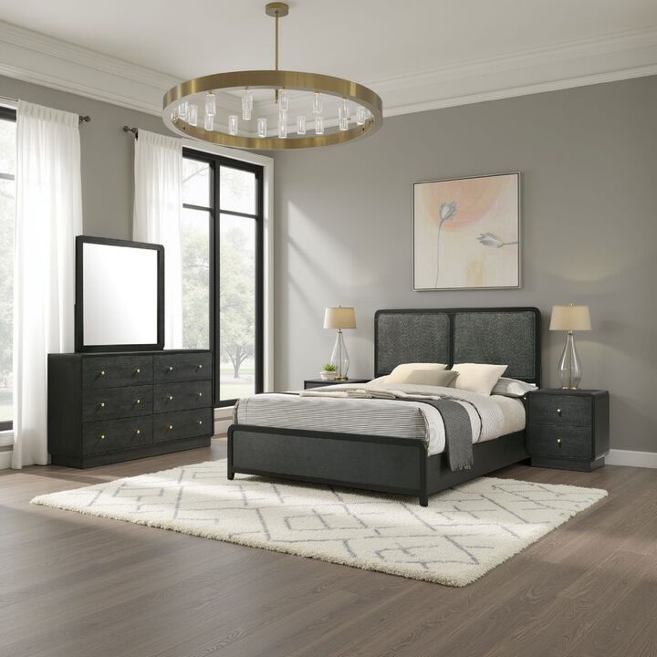 Cavy 4pc Queen Bedroom Set, Charcoal Gray Upholstery, Gold