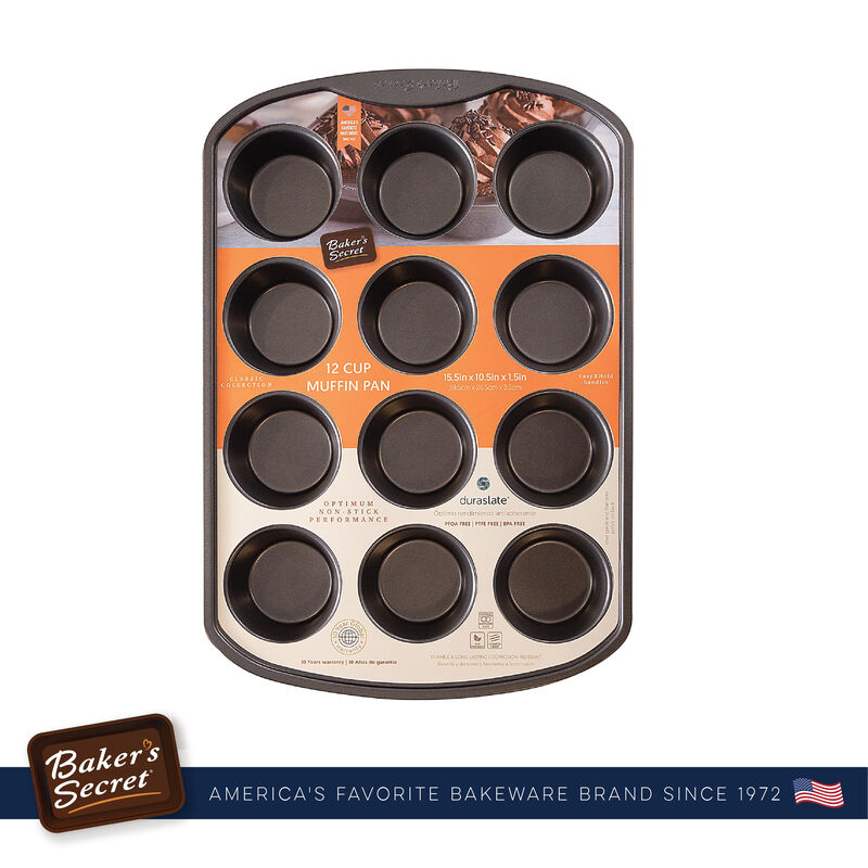 Baker's Secret 12Cup Muffin Pan, Thick Carbon Steel & Non-stick Coating, 15.5", Dark Gray Classic Line, Cupcake and Muffin Baking Essentials, Carbon Steel