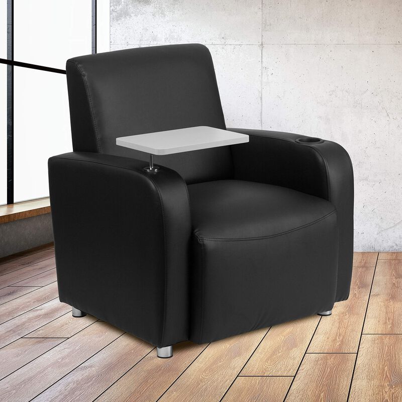 Flash Furniture George Black LeatherSoft Guest Chair with Tablet Arm, Chrome Legs and Cup Holder image number 1
