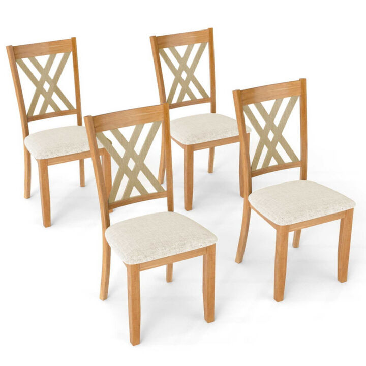 Set of 4 Linen Fabric Upholstered Dining Chairs with Rubber Wood Frame for Dining Room-Natural