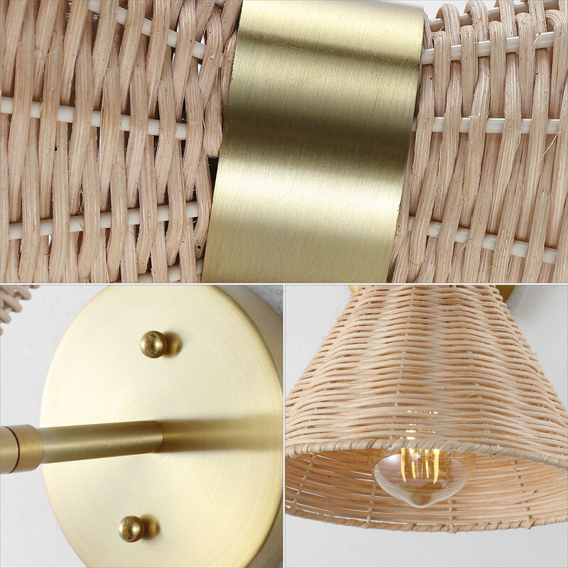 Zoey 10" 1-Light Mid-Century Vintage Retro Rattan/Metal LED Sconce with Adjustable Shade, Light Brown/Brass Gold
