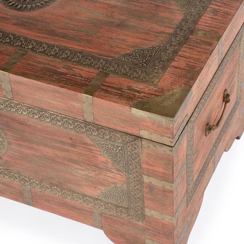 Butler Specialty Nador Hand-Painted Brass Inlay Storage Trunk Coffee Table, Pink