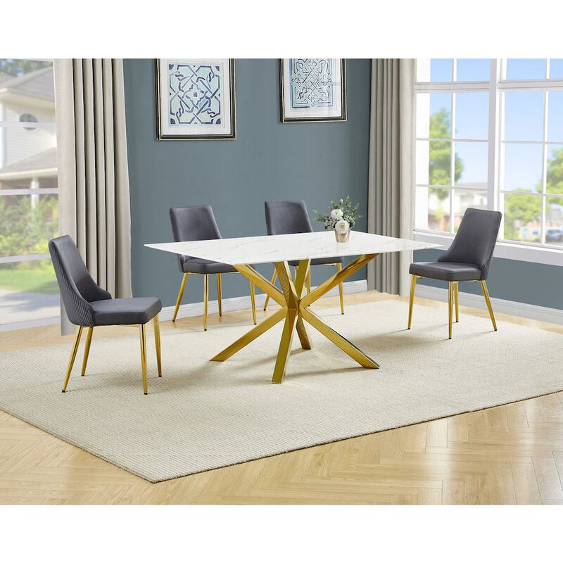 Best Quality Furniture White Marble Wrap Glass Dining Set With Velvet Chairs image number 5