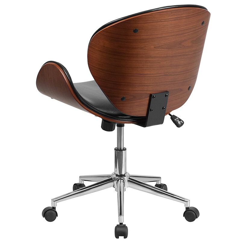 Hivvago Mid-Back Walnut / Black Faux Leather Office Chair with Curved Bentwood Seat
