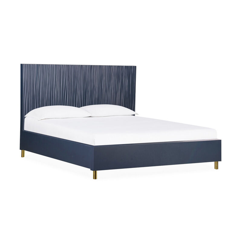 Herst Modern Queen Bed, Brass Metal Legs, Wavy Textured Navy Blue Headboard - Benzara
