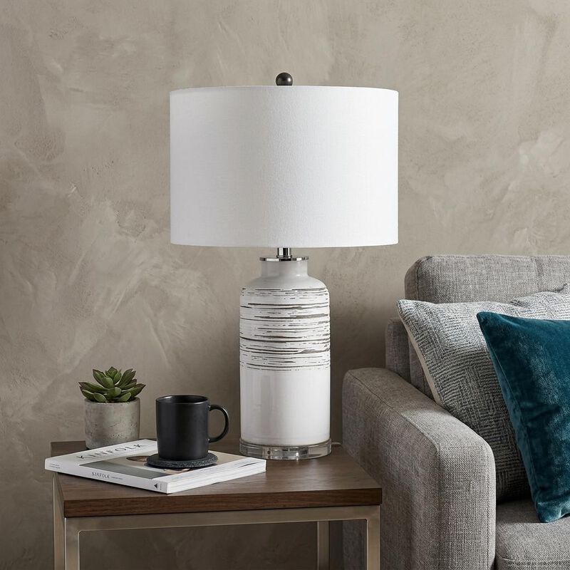 HomeRoots 25" Black and White Ceramic Column Lamp With White Drum Shade image number 1