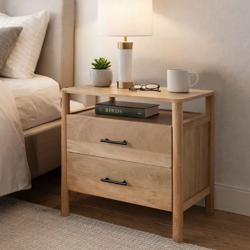 Geti 29 Inch Bedside Nightstand Table, 2 Drawer, Open Shelf, Handcrafted Natural Oak White Mango Wood image number 7