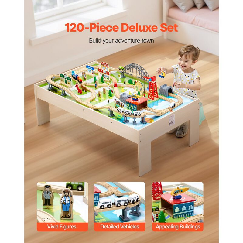 Kids Train Table with 120 Piece Wooden Train Set and Storage Bin image number 6