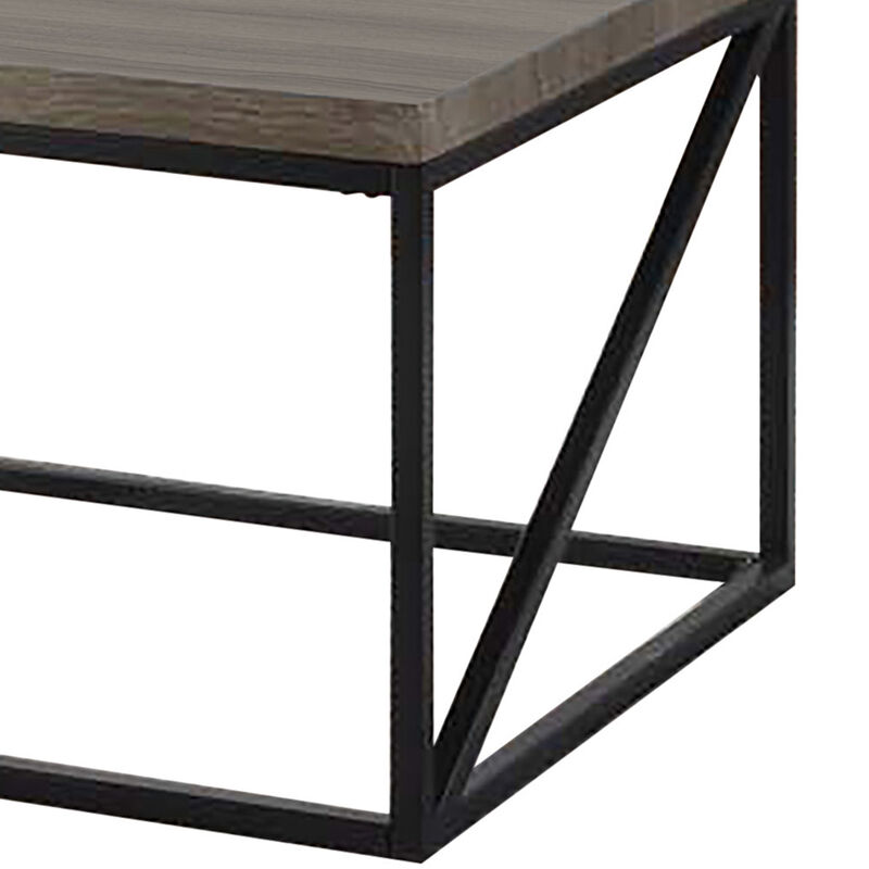 Industrial Style Minimal Coffee Table With Wooden Top And Metallic Base, Gray-Benzara